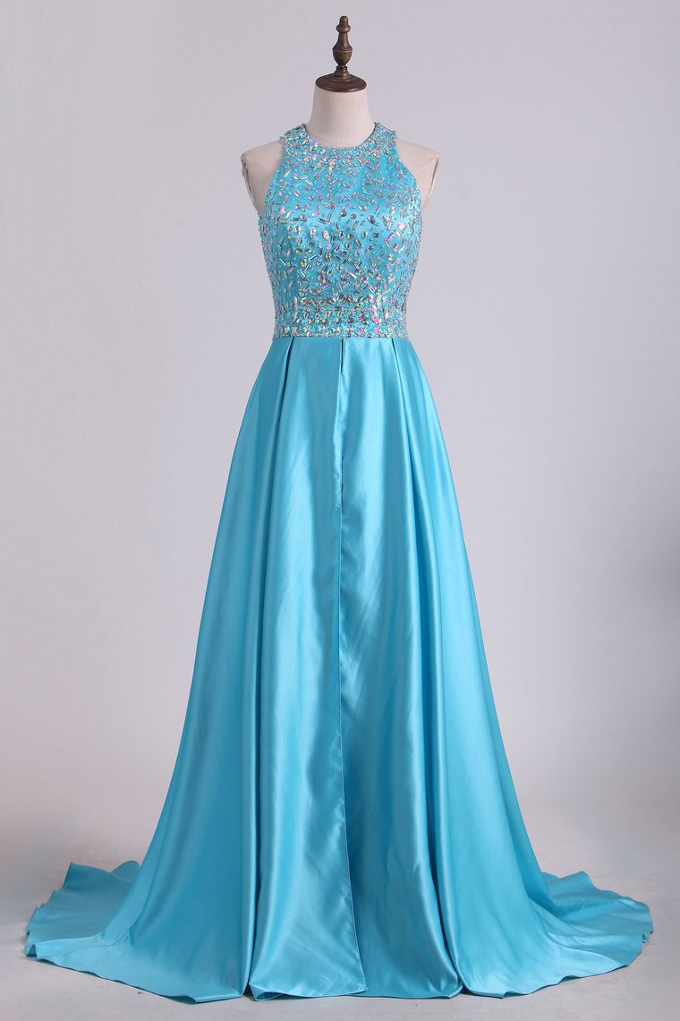 2024 Scoop Beaded Bodice Open Back A Line Satin Prom Dresses