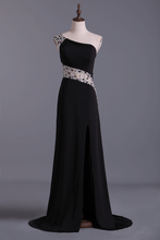 Load image into Gallery viewer, 2024 Prom Dresses A Line One Shoulder With Slit And Beading Sweep Train