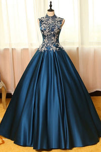 2024 Sexy Open Back High Neck Prom Dresses A Line Satin With Applique