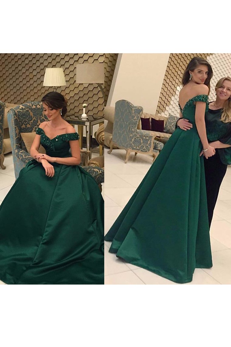 2024 New Arrival Prom Dresses A Line Off The Shoulder With Beading Satin