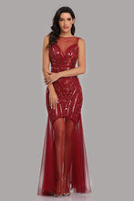 Load image into Gallery viewer, See Through Burgundy Mermaid Bateau Prom Dresses with Beading Tulle Party Dresses SRS15324