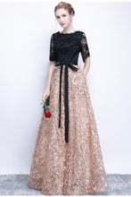 Load image into Gallery viewer, 2024 Black Prom Dresses A-Line Half Sleeve Long Prom Dress Sexy Evening Dress