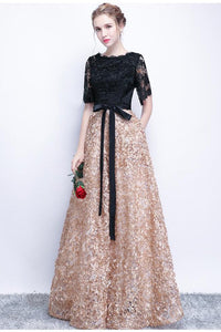 2024 Black Prom Dresses A-Line Half Sleeve Long Prom Dress Sexy Evening Dress