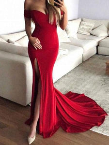 Off the Shoulder Red Floor-Length Real Made Slit Sweetheart Charming Prom Dresses XC15