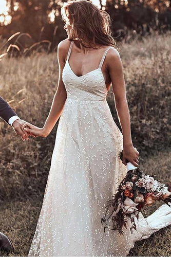 Rustic A Line Lace Backless Spaghetti Straps Wedding Dresses, V Neck Bridal Dress SRS15591