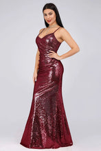 Load image into Gallery viewer, Sexy Spaghetti Straps Burgundy Sequins V Neck Party Dresses Mermaid Prom Dresses SRS15358