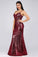Sexy Spaghetti Straps Burgundy Sequins V Neck Party Dresses Mermaid Prom Dresses SRS15358