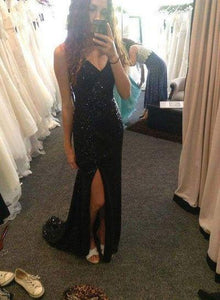 Black Long Sexy V-Neck Side Slit Sequins Sparkle Sleeveless Evening Dresses BD2802