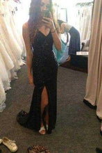 Load image into Gallery viewer, Black Long Sexy V-Neck Side Slit Sequins Sparkle Sleeveless Evening Dresses BD2802