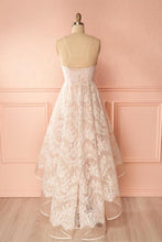 Load image into Gallery viewer, Spaghetti Straps Pink And Ivory Open Back Lace High Low Prom Dresses