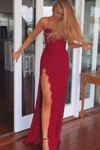 Load image into Gallery viewer, 2024 A-Line Red Long Sheath Lace Spaghetti Straps Split Front Sweetheart Prom Dresses RS481