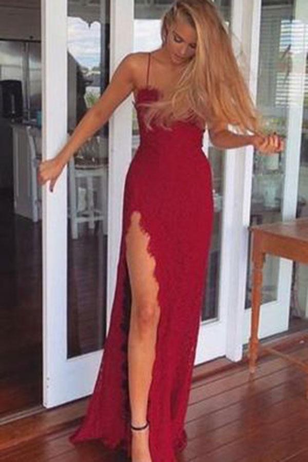 2024 A-Line Red Long Sheath Lace Spaghetti Straps Split Front Sweetheart Prom Dresses RS481