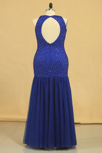 2024 Floor Length Prom Dresses Scoop Beaded Bodice Mermaid Tulle Dark Royal Blue