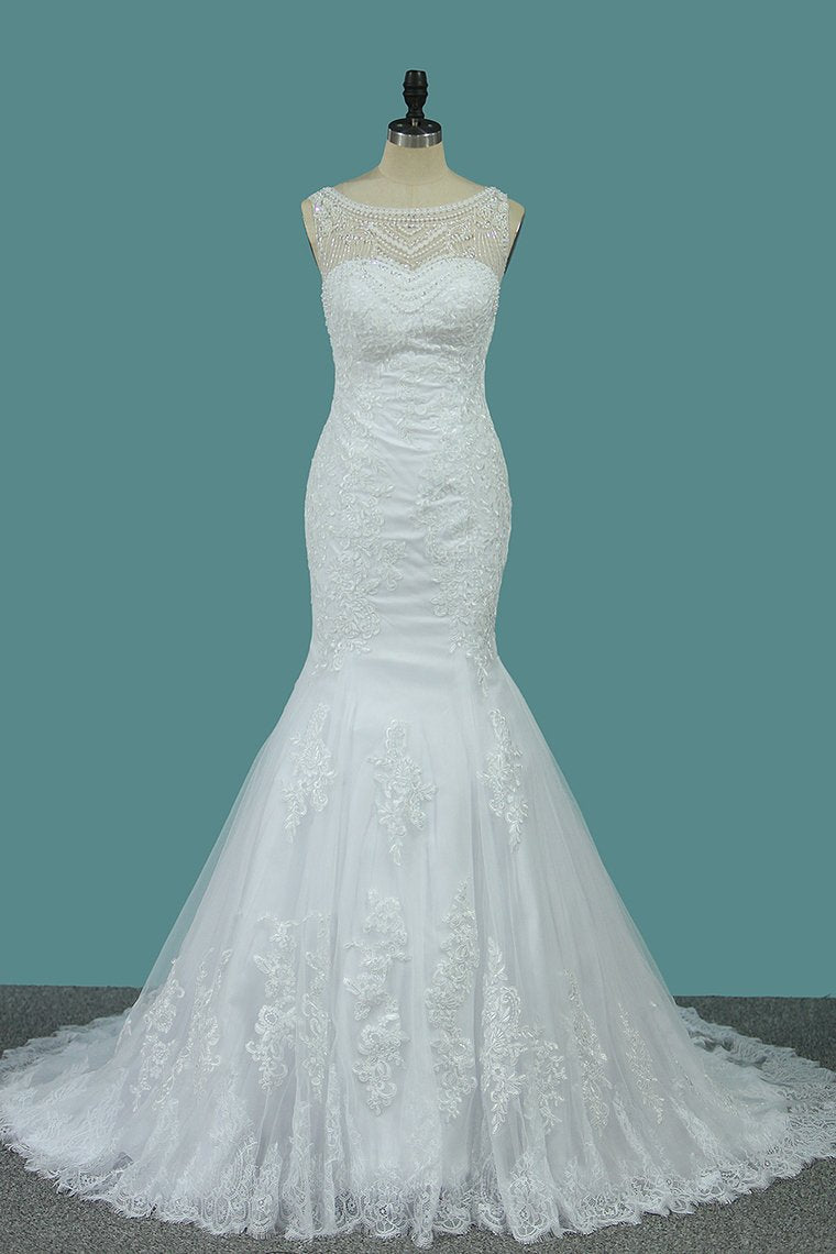 2024 New Arrival Wedding Dresses Scoop Mermaid Tulle With Applique And Beads