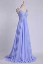 Load image into Gallery viewer, 2024 V Neckline And Deep V Back Chiffon Long A Line Prom Dress With Beaded Tulle Straps
