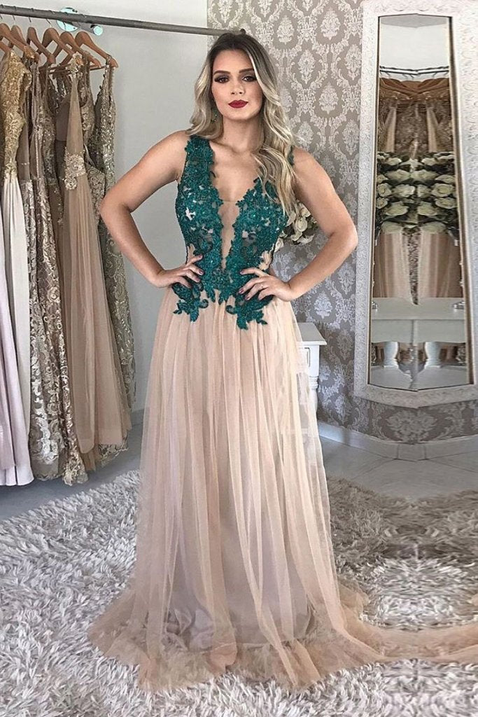 A Line Tulle V Neck Long Prom Dresses With Green Appliques