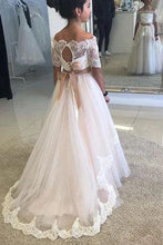 Load image into Gallery viewer, A Line Off the Shoulder Half Sleeve Flower Girl Dresses with Lace up, Wedding Party Dresses SRS15550