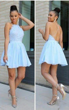 Load image into Gallery viewer, Light Blue Short Chiffon Backless Simple Homecoming Dresses RS526