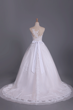 Load image into Gallery viewer, 2024 Chapel Train Wedding Dresses Bateau Tulle With Applique And Sash A Line
