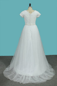 2023 Short Sleeves V Neck Wedding Dresses Tulle & Lace With Beading