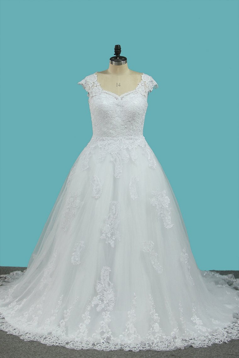 2024 A Line Straps Wedding Dresses Tulle With Applique Sweep Train