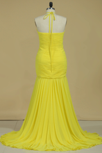 Load image into Gallery viewer, 2024 Prom Dress Halter Pleated Bust &amp; Bodice With Shirred Chiffon Skirt Sweep Train