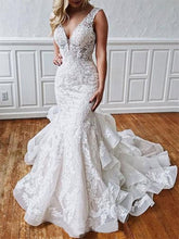 Load image into Gallery viewer, Stunning Mermaid Lace V Neck Backless Wedding Dresses Straps Wedding Gowns SRS15438