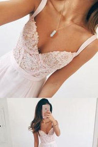 Elegant A-line V-neck Long Chiffon Baby Pink Long Prom Dress Evening Dresses RS859