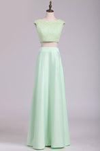 Load image into Gallery viewer, 2023 Two Pieces Cap Sleeves A Line Prom Dresses Scoop Beaded Bodice Stretch Satin