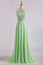 Load image into Gallery viewer, 2024 Two Pieces Prom Dresses Halter A Line Chiffon Sweep Train With Beading