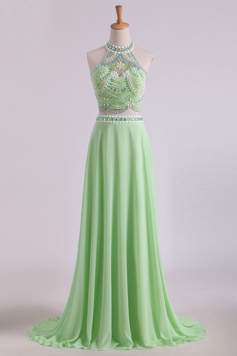 2024 Two Pieces Prom Dresses Halter A Line Chiffon Sweep Train With Beading