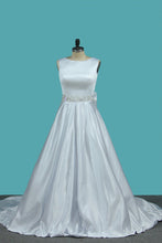 Load image into Gallery viewer, 2023 Satin Bateau A Line With Beads And Bow Knot Wedding Dresses