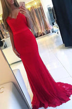 Load image into Gallery viewer, 2023 V Neck Mermaid Lace Prom Dresses With Sash Sweep Train