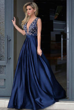 Load image into Gallery viewer, Formal Deep V-Neck Open Back Long Beading Satin Evening Dresses Prom Dresses