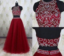 Load image into Gallery viewer, Two Piece Halter Burgundy Sleeveless Prom Dresses Sparkle Formal Dress For Teens RS937