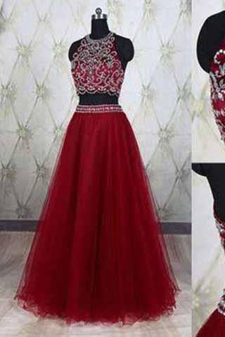 Two Piece Halter Burgundy Sleeveless Prom Dresses Sparkle Formal Dress For Teens RS937