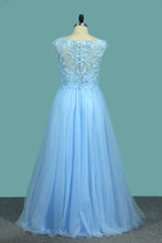 Load image into Gallery viewer, 2024 A Line V Neck Tulle Prom Dresses With Applique And Beads Floor Length