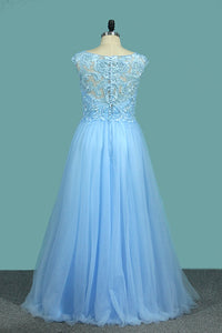 2024 A Line V Neck Tulle Prom Dresses With Applique And Beads Floor Length