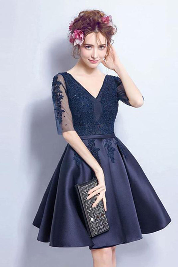 Luxury V Neck Half Sleeve With Appliques Knee Length Homecoming Dresses