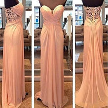 Load image into Gallery viewer, Lace See Through Blush Pink Sweetheart Strapless Open Back A-Line Long Prom Dresses RS987