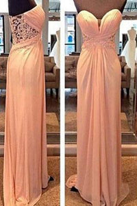 Lace See Through Blush Pink Sweetheart Strapless Open Back A-Line Long Prom Dresses RS987