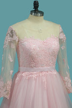 Load image into Gallery viewer, 2024 A Line Tulle Long Sleeves Scoop Wedding Dresses With Applique And Sash Sweep Train