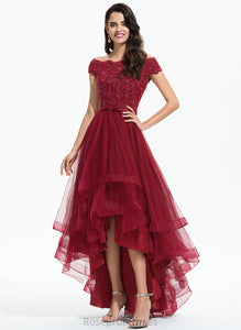 A-Line Lace With Bow(s) Dress Homecoming Dresses Off-the-Shoulder Jo Homecoming Beading Tulle Asymmetrical