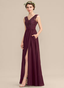 A-Line Silhouette SplitFront Embellishment Length Sequins V-neck Pockets Neckline Beading Floor-Length Fabric Bridesmaid Dresses