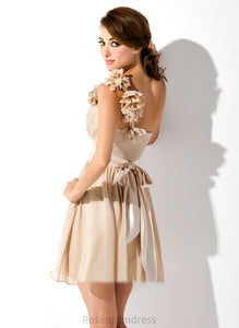A-Line Length Flower(s) Neckline Silhouette Embellishment Bow(s) Ruffle Short/Mini Fabric One-Shoulder Leanna Bridesmaid Dresses
