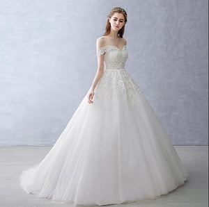 White Off-the-Shoulder Ball Gown Beads Sweetheart Floor-Length Wedding Dress RS751