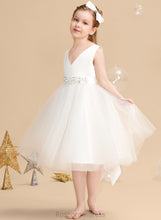 Load image into Gallery viewer, Satin/Tulle V-neck Flower Girl Flower Girl Dresses Dress - With Sleeveless Bow(s) Karlee Knee-length A-Line