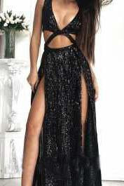 2024 Charming Sexy Sequin Sparkly Simple Rose Gold and Black Split Fashion Prom Dresses RS452