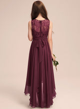 Load image into Gallery viewer, Janey A-Line Asymmetrical Neck Junior Bridesmaid Dresses Bow(s) Scoop Lace With Chiffon