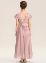 Load image into Gallery viewer, Angelica V-neck Asymmetrical Junior Bridesmaid Dresses Bow(s) Chiffon Ruffles A-Line Cascading With